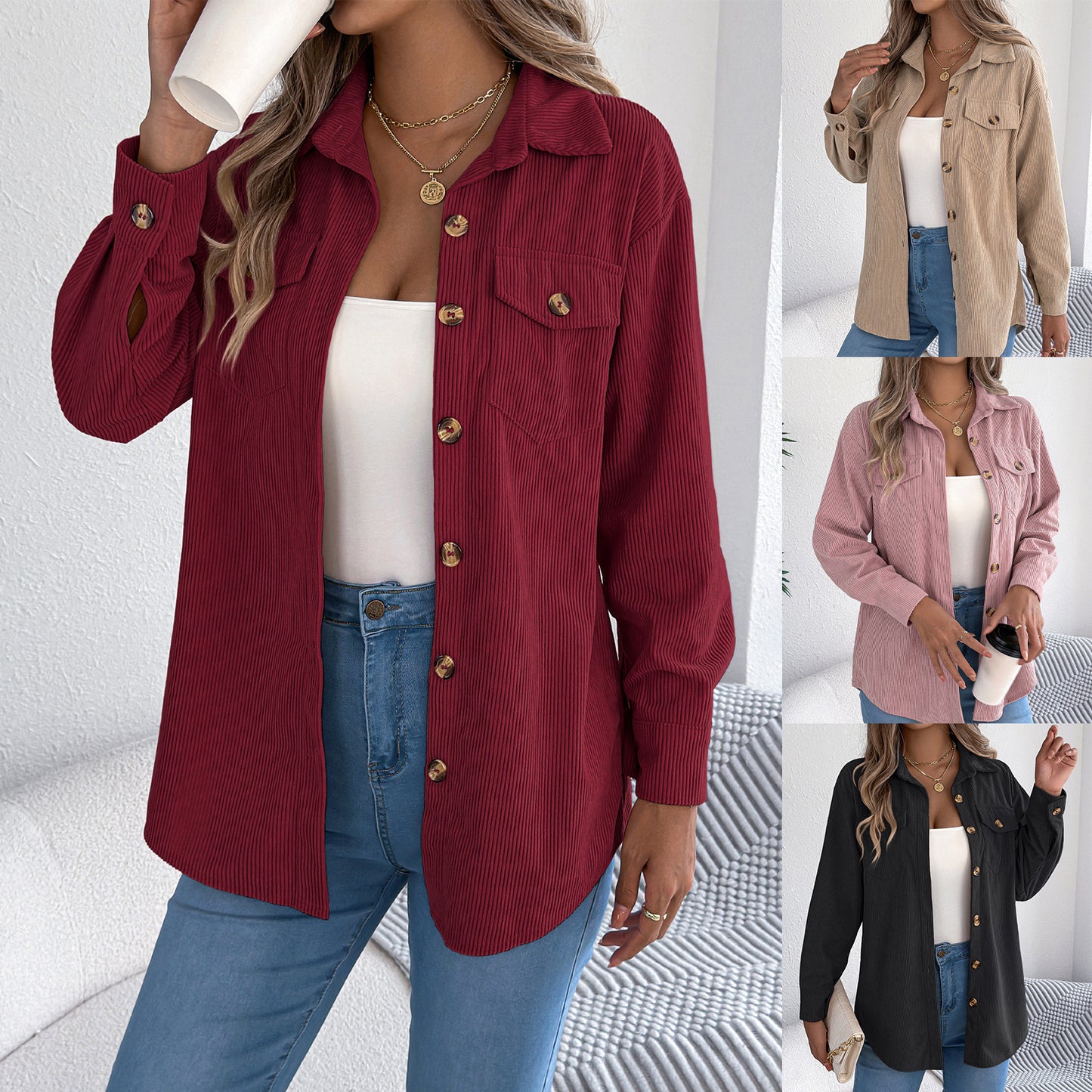 Fake pocket long sleeved corduroy mid length jacket