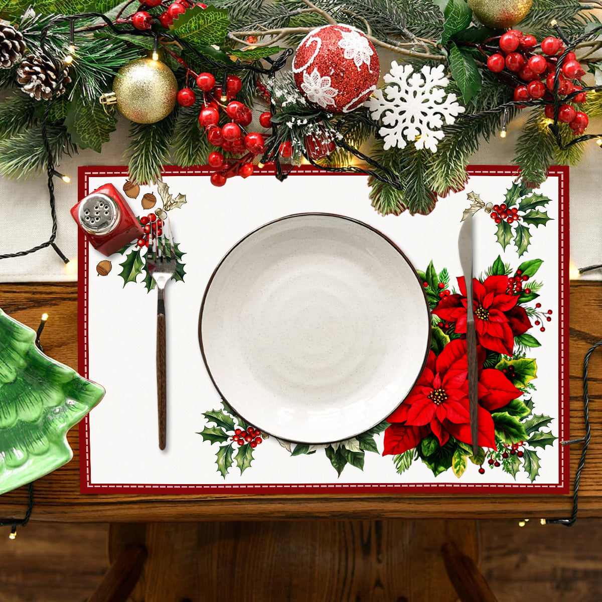Christmas Red Flower Meal Mat Flower Pinecone Printed Table Mat Holiday Table Insulation Mat