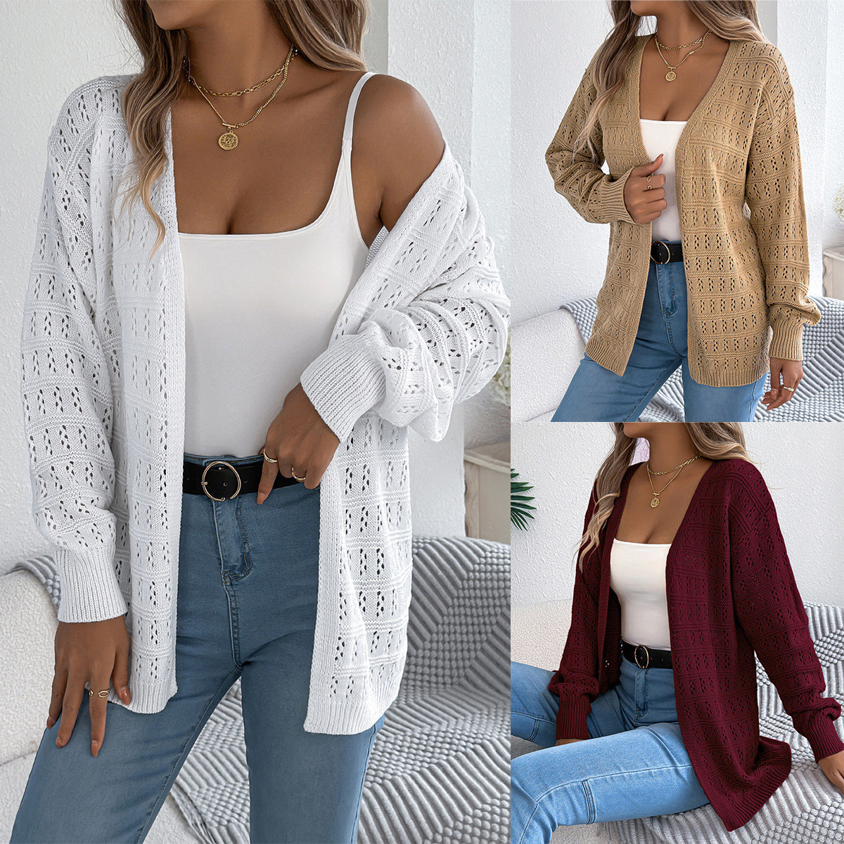 Hollow lantern long sleeved cardigan sweater mid length jacket