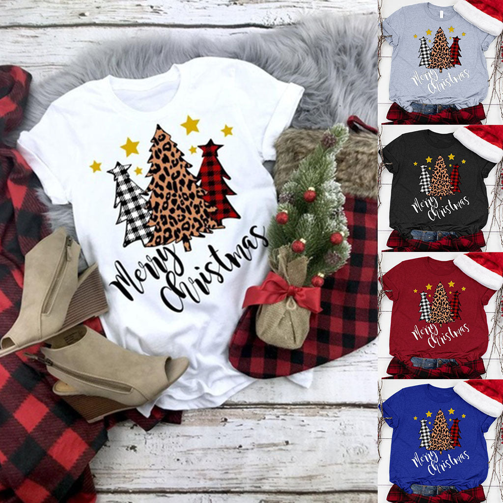 Three color Christmas tree print short sleeved shirt