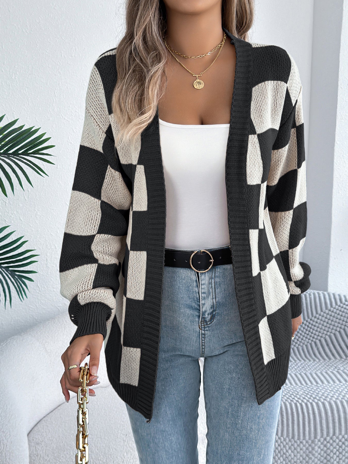 Color blocking checkered lantern sleeve cardigan sweater mid length jacket