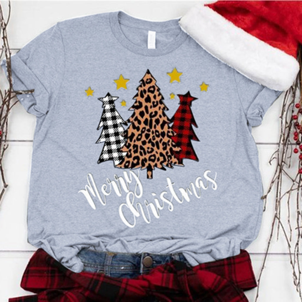 Three color Christmas tree print short sleeved shirt