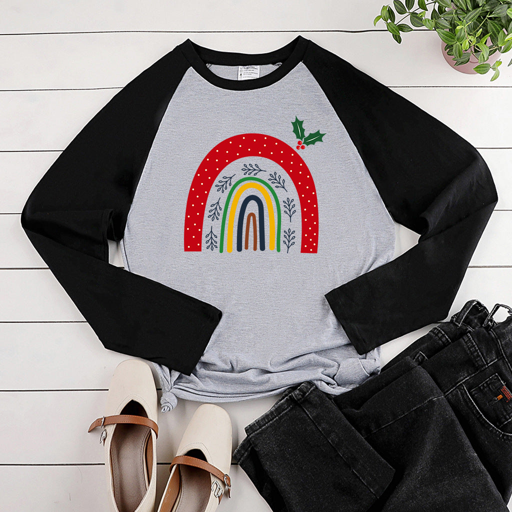 Cartoon rainbow print shoulder length long sleeved multi-color top