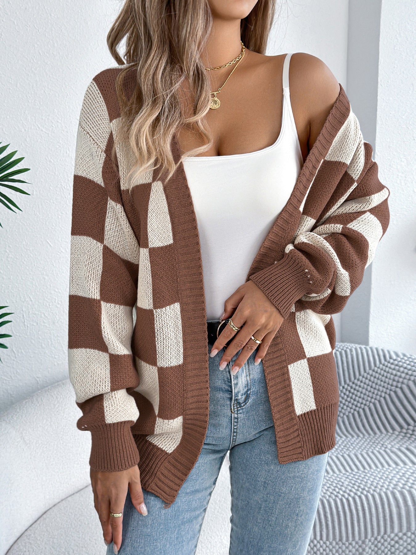 Color blocking checkered lantern sleeve cardigan sweater mid length jacket