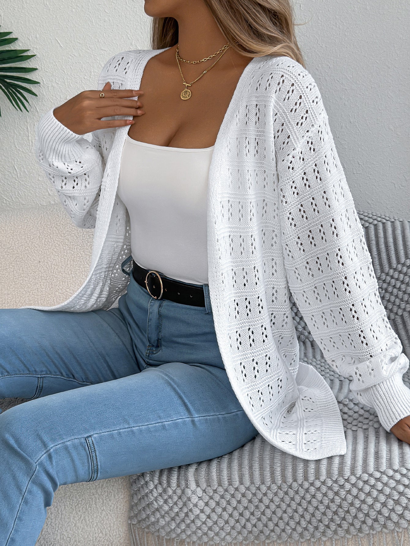 Hollow lantern long sleeved cardigan sweater mid length jacket