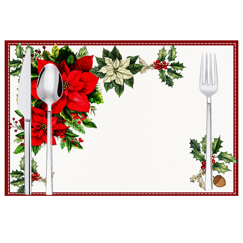 Christmas Red Flower Meal Mat Flower Pinecone Printed Table Mat Holiday Table Insulation Mat