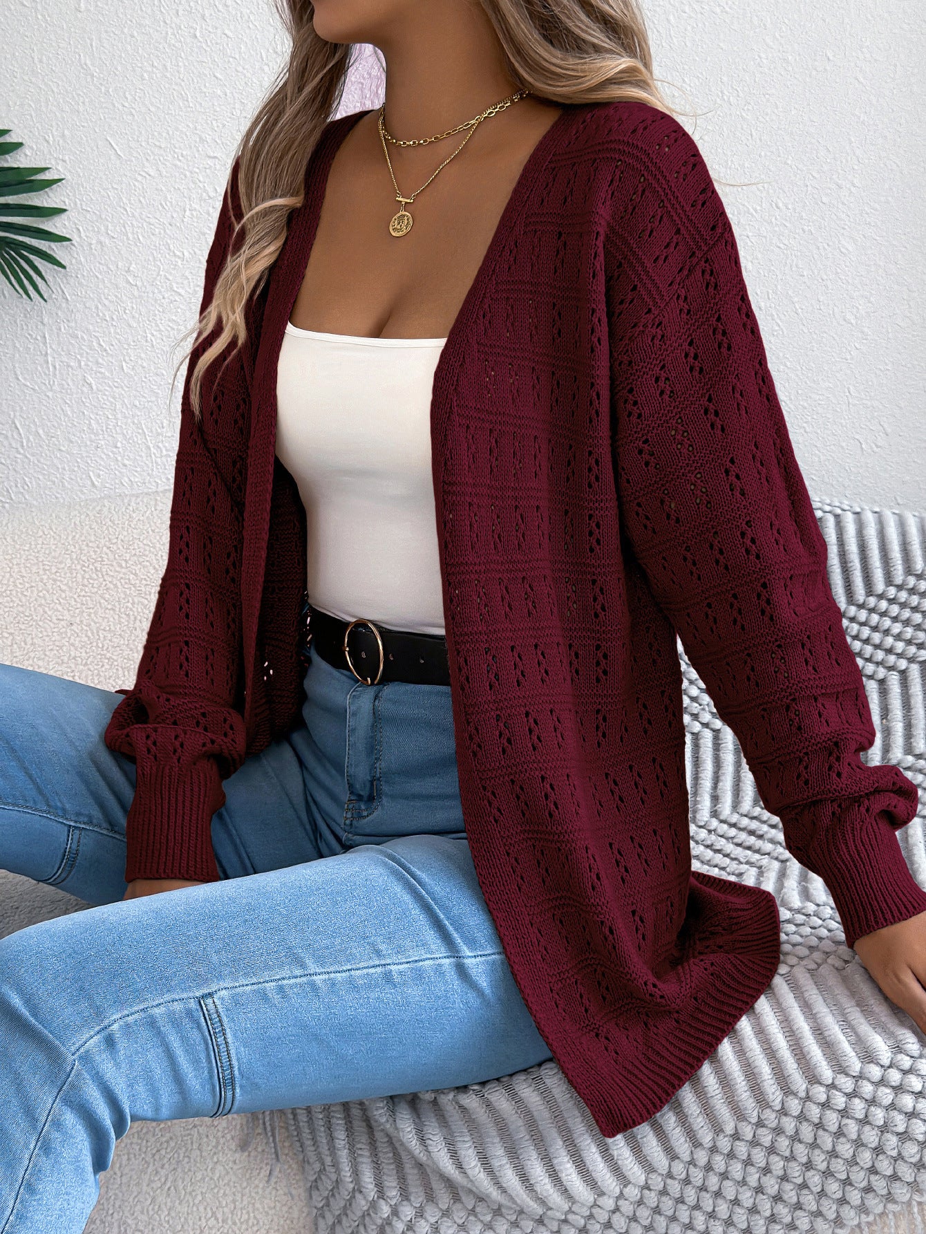 Hollow lantern long sleeved cardigan sweater mid length jacket