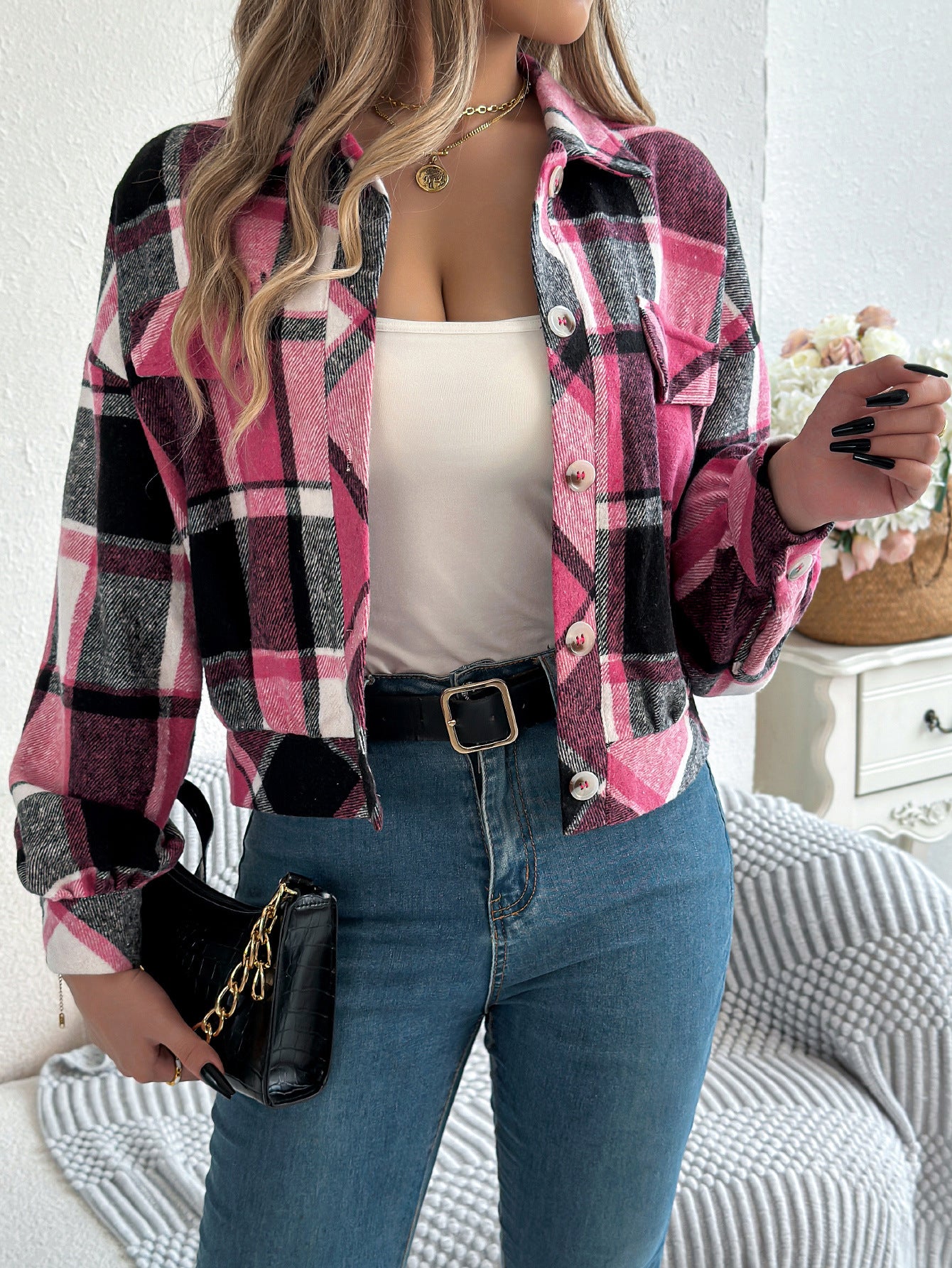 Checkered fake pocket long sleeved woolen jacket