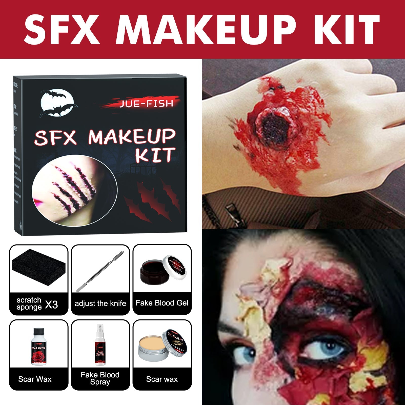 Halloween Makeup Kit with scar wax, fake blood gel, and tools for realistic wound effects and special effects makeup