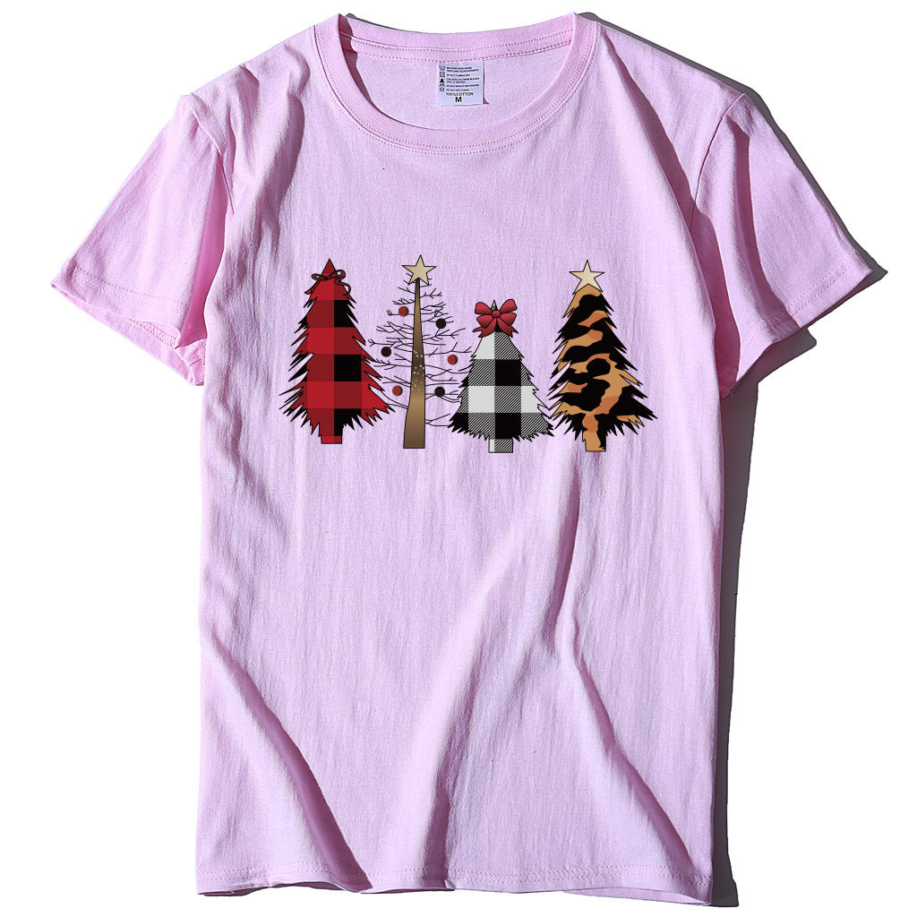 Four Christmas Trees Spray Printed Short Sleeves