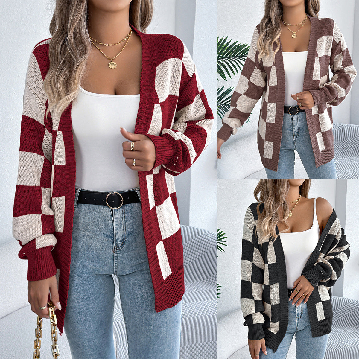 Color blocking checkered lantern sleeve cardigan sweater mid length jacket