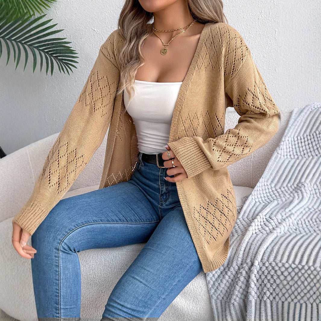 Solid color hollow lantern long sleeved cardigan sweater mid length jacket