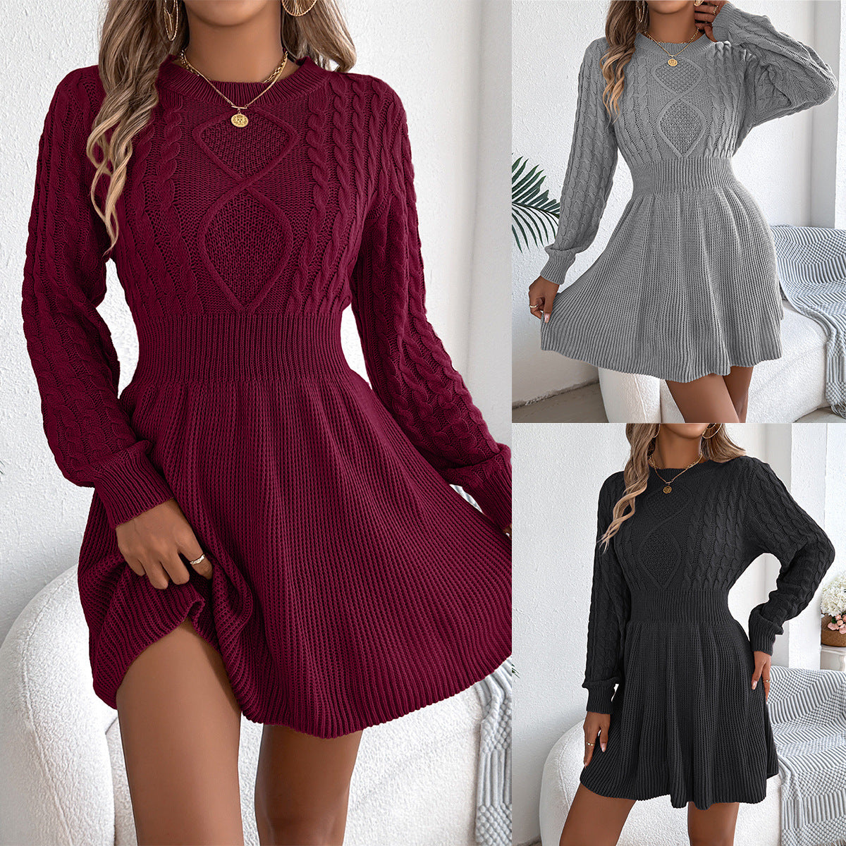 Solid Fried Dough Twists waist lantern long sleeve wool dress A-line skirt