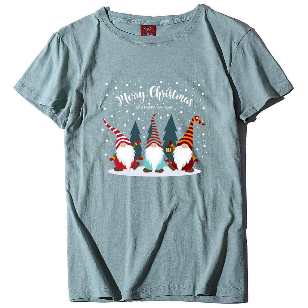 Printed short sleeved Christmas snowman Santa Claus printed loose T-shirt for women