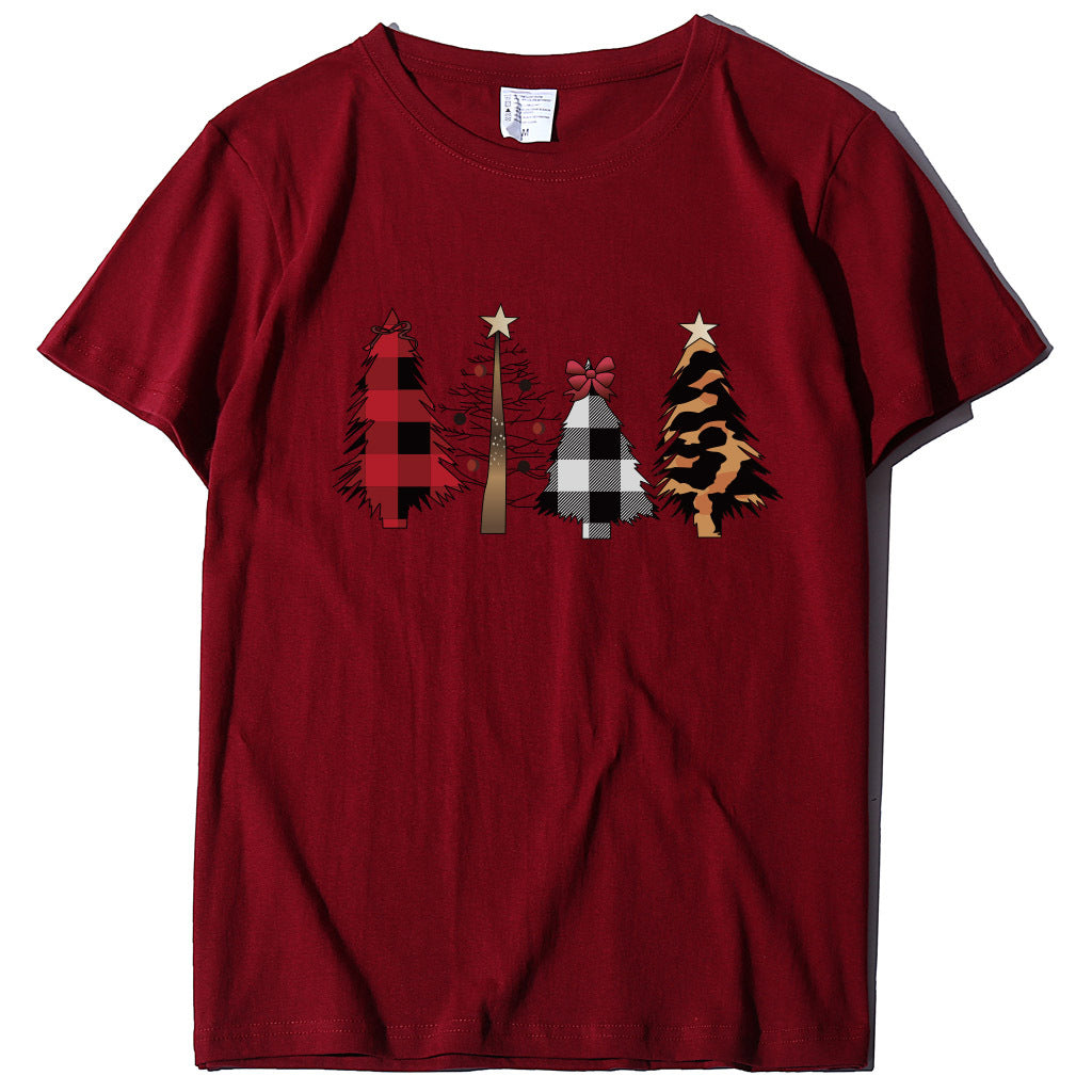 Four Christmas Trees Spray Printed Short Sleeves