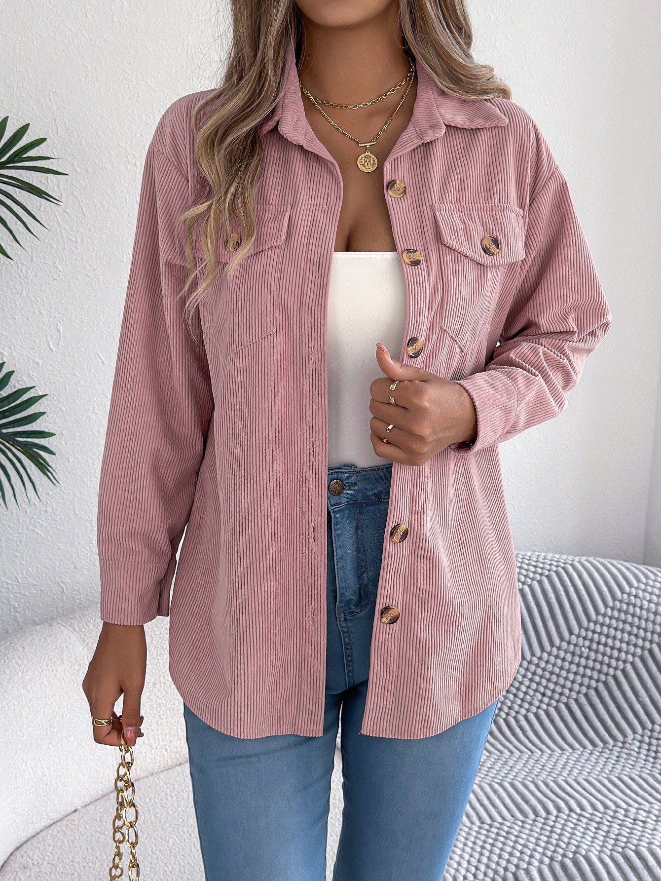 Fake pocket long sleeved corduroy mid length jacket