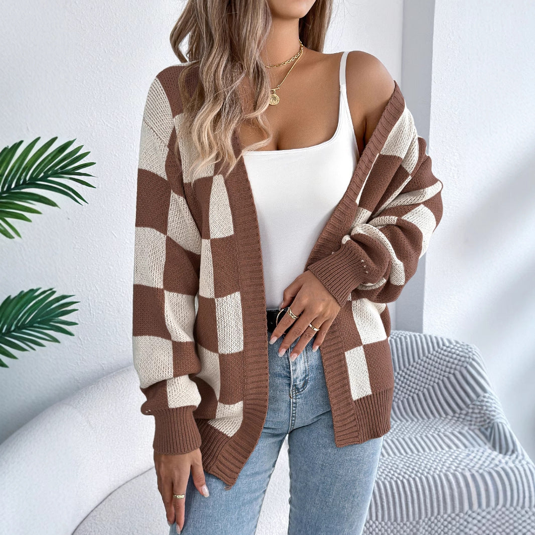 Color blocking checkered lantern sleeve cardigan sweater mid length jacket