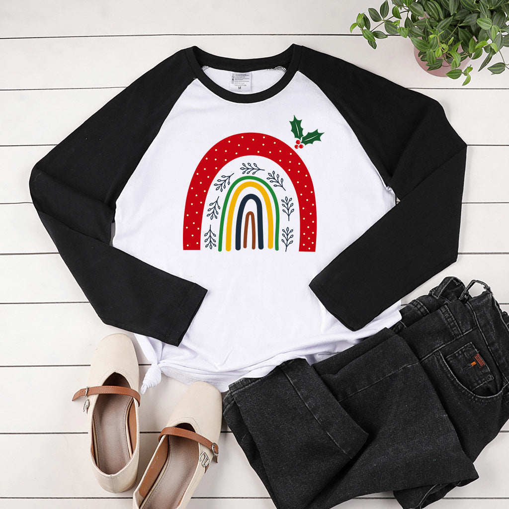 Cartoon rainbow print shoulder length long sleeved multi-color top