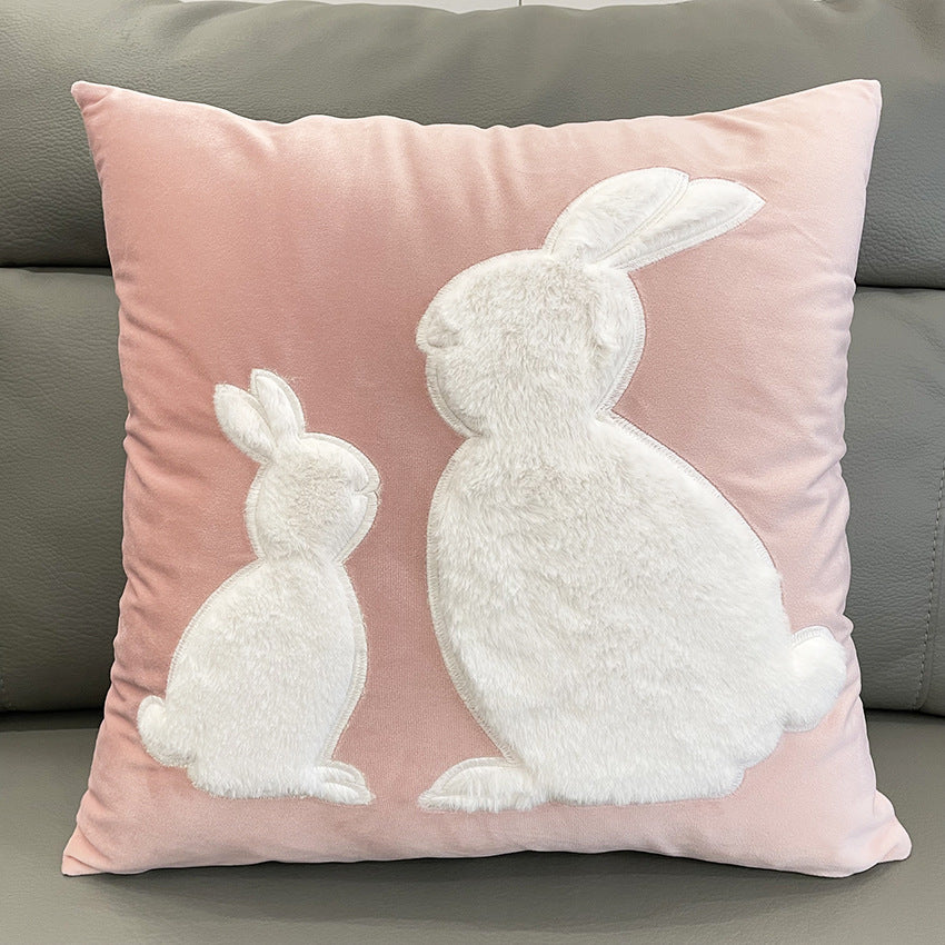 Soft Rabbit Pillow Cover Sofa Cushion Velvet Embroidered Pillow Girl's Heart Pink Cartoon Pillow Cover Cute