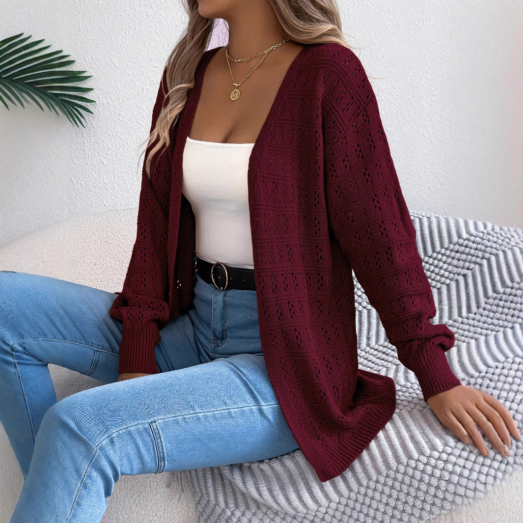 Hollow lantern long sleeved cardigan sweater mid length jacket