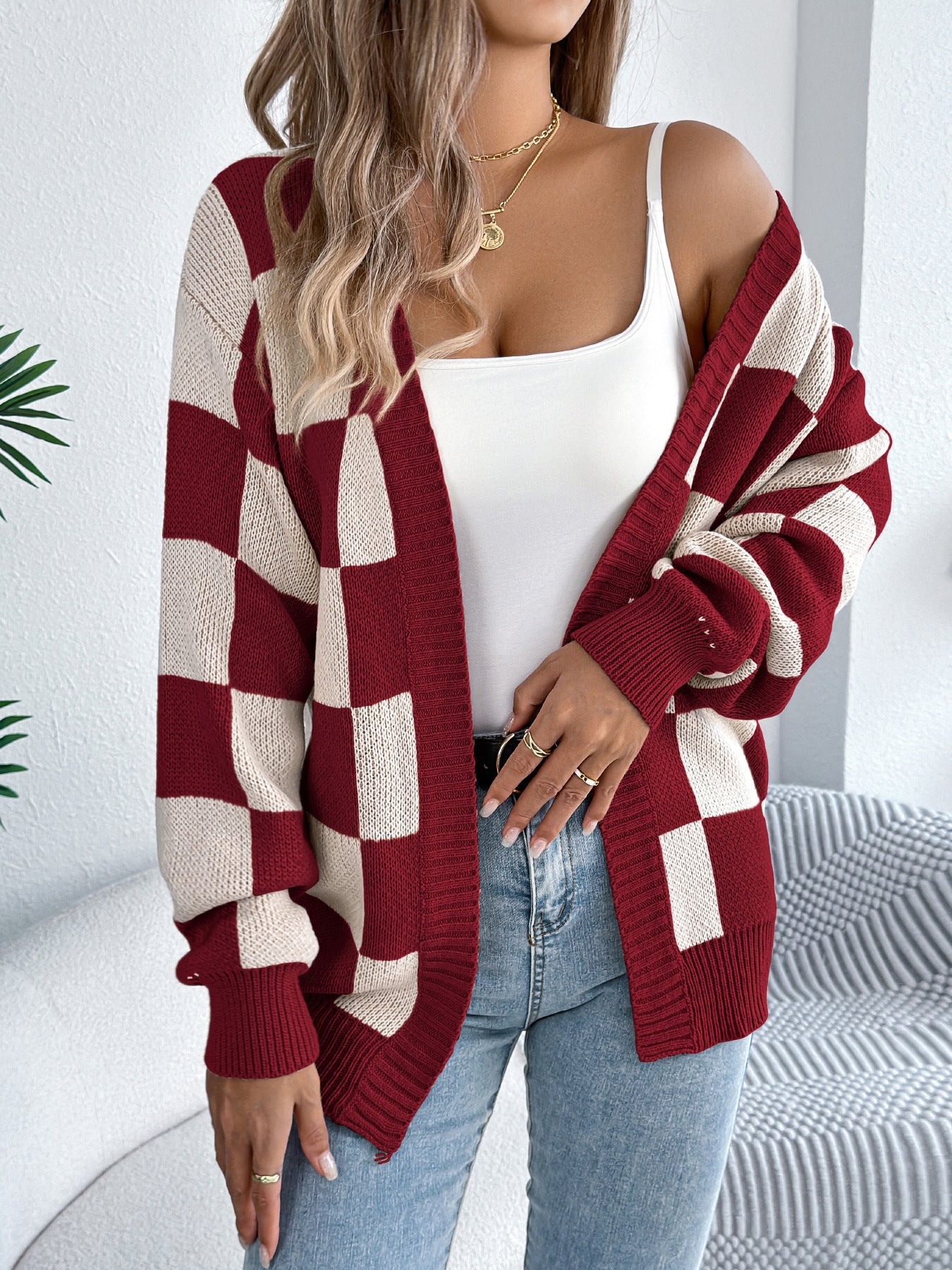 Color blocking checkered lantern sleeve cardigan sweater mid length jacket