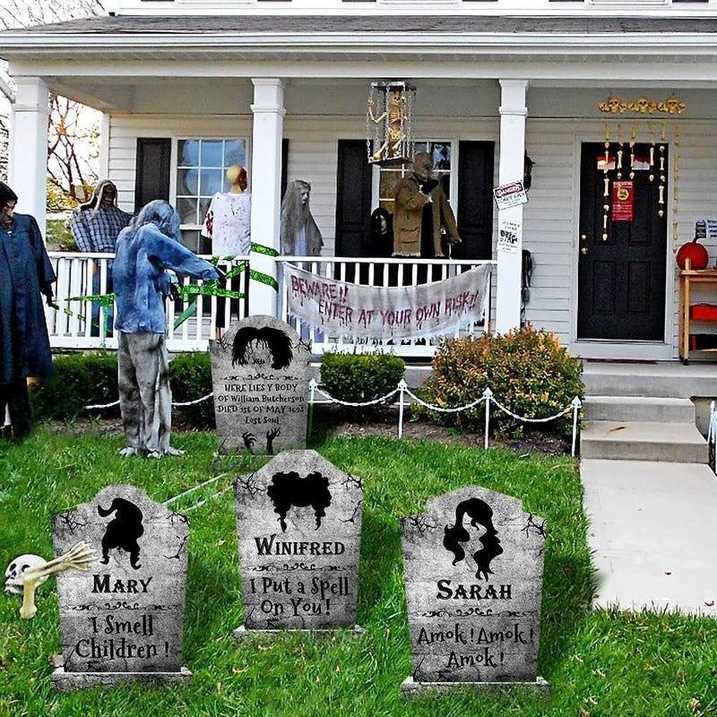 Halloween Outdoor Decor: Cemetery Tombstones, Yard Signs with Stakes, Realistic Scary Skulls
