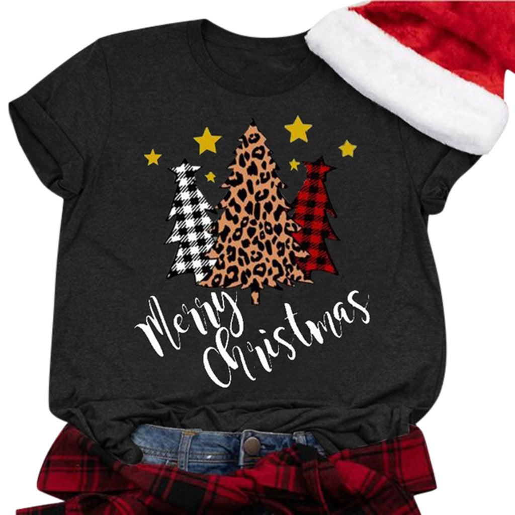 Three color Christmas tree print short sleeved shirt