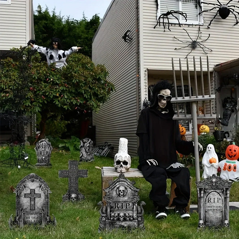 Halloween Outdoor Decor: Cemetery Tombstones, Yard Signs with Stakes, Realistic Scary Skulls