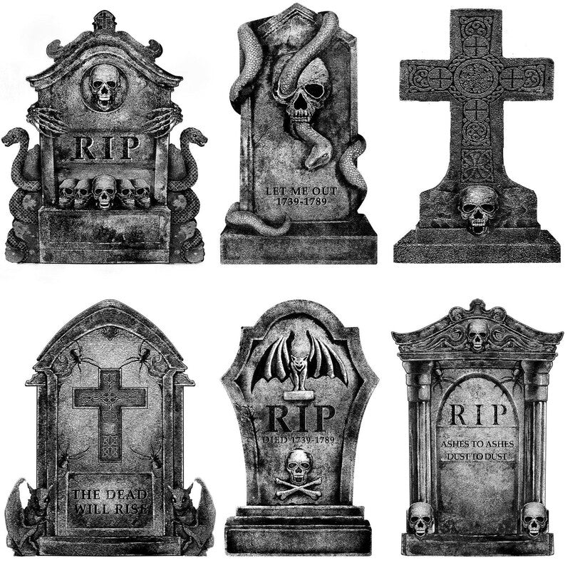 Halloween Outdoor Decor: Cemetery Tombstones, Yard Signs with Stakes, Realistic Scary Skulls