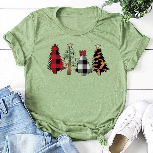 Four Christmas Trees Spray Printed Short Sleeves
