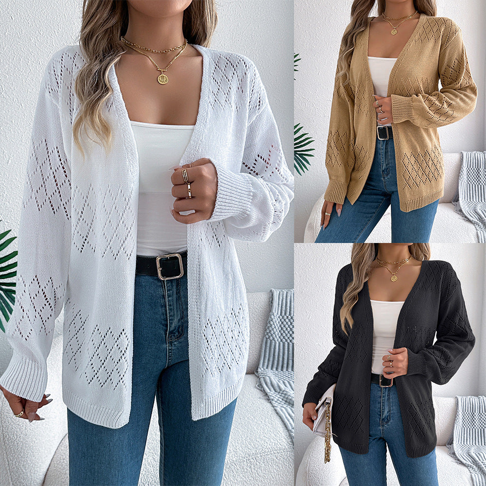 Solid color hollow lantern long sleeved cardigan sweater mid length jacket