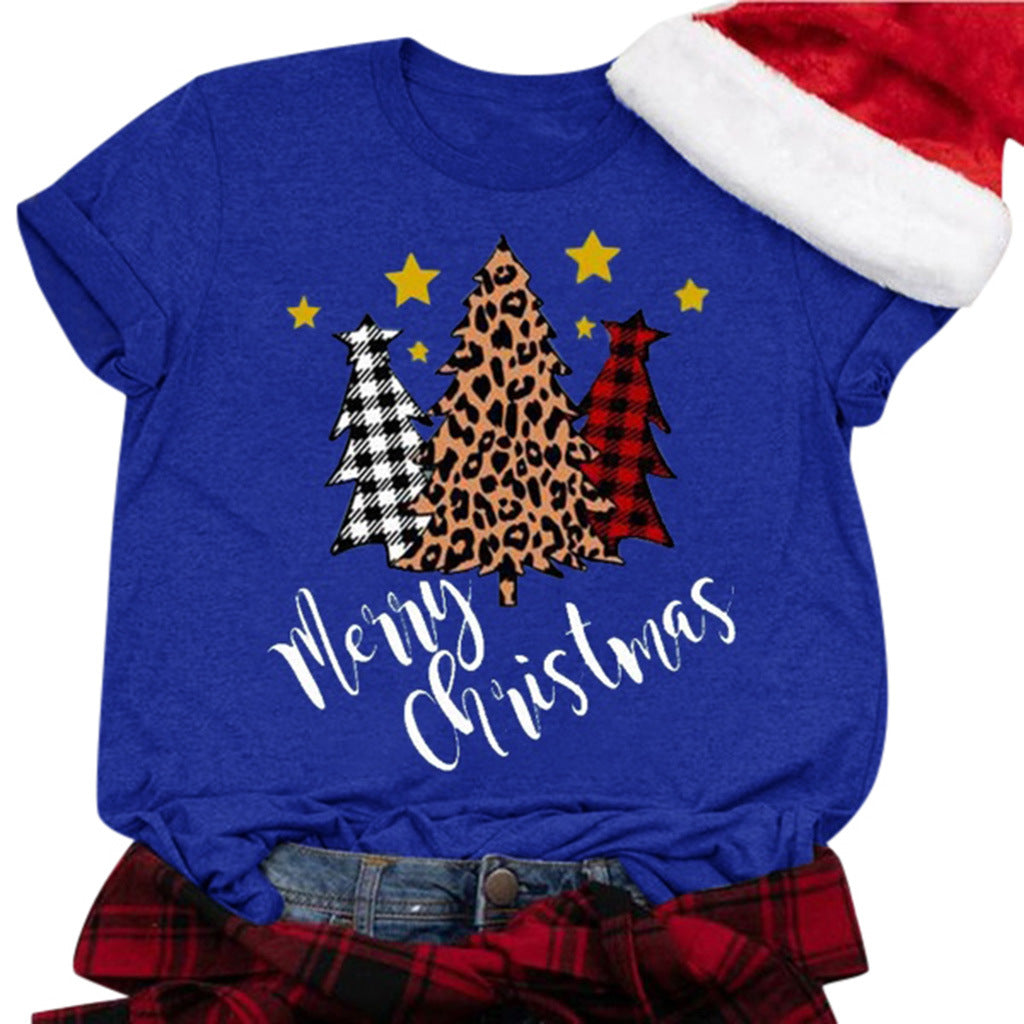 Three color Christmas tree print short sleeved shirt