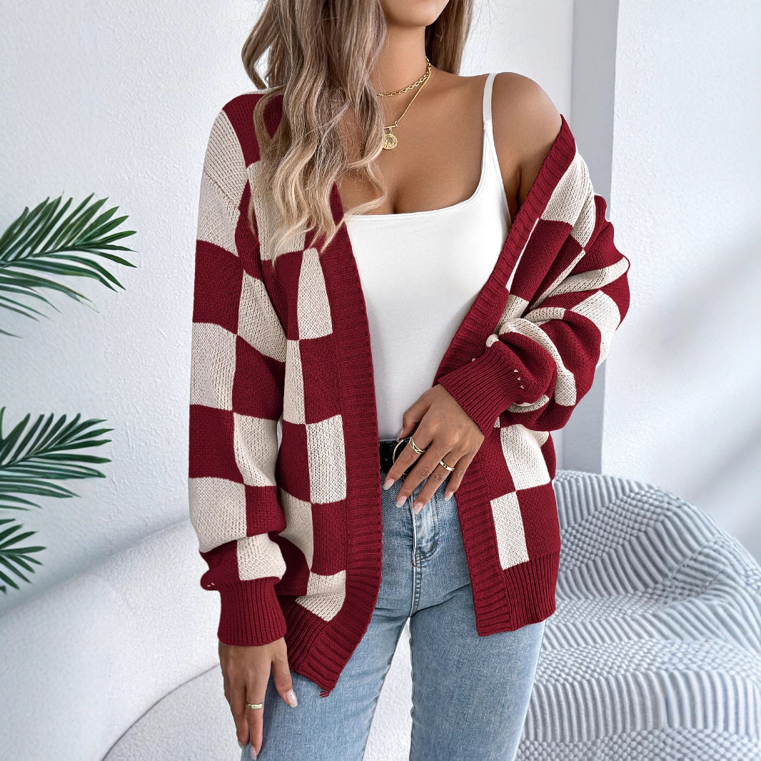 Color blocking checkered lantern sleeve cardigan sweater mid length jacket