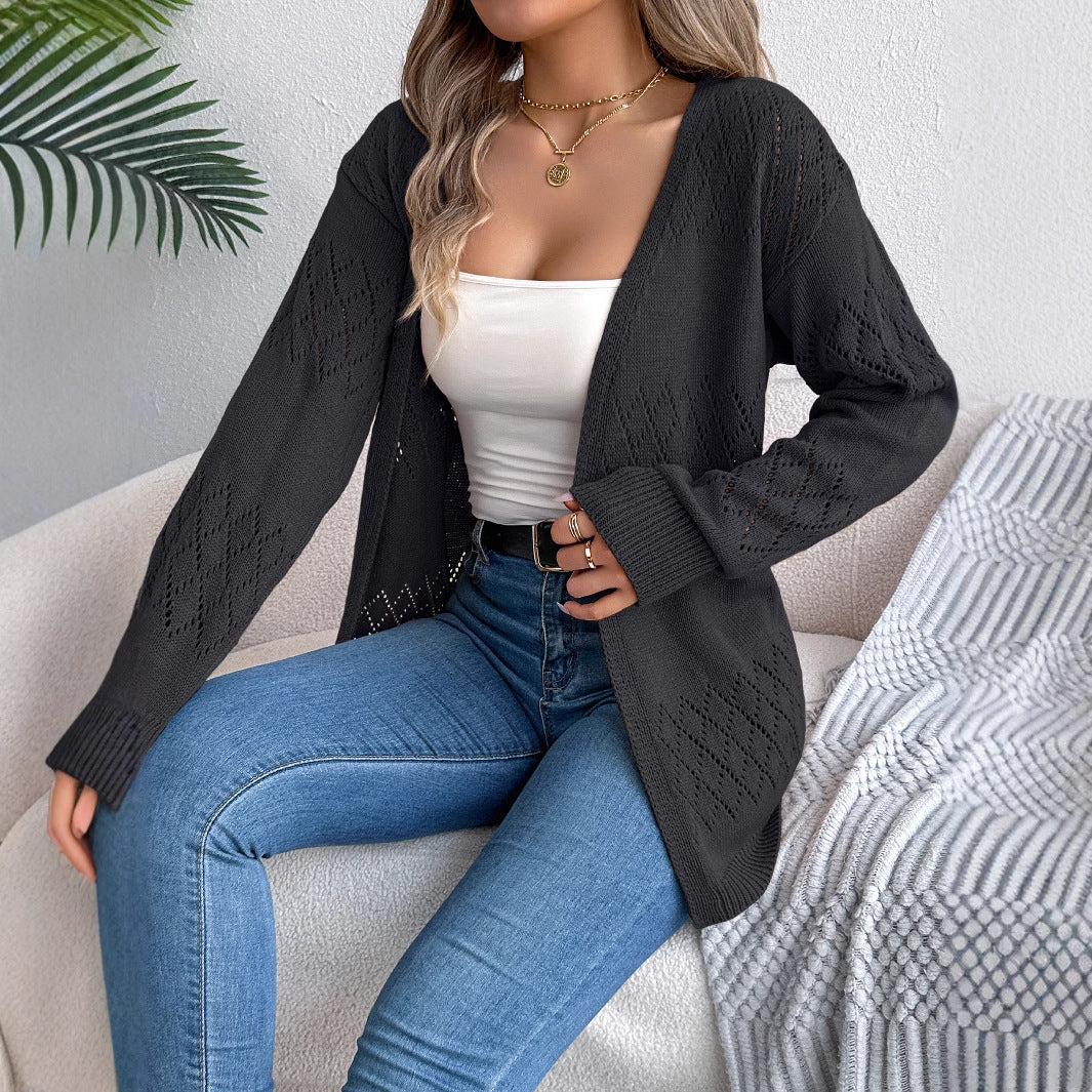 Solid color hollow lantern long sleeved cardigan sweater mid length jacket