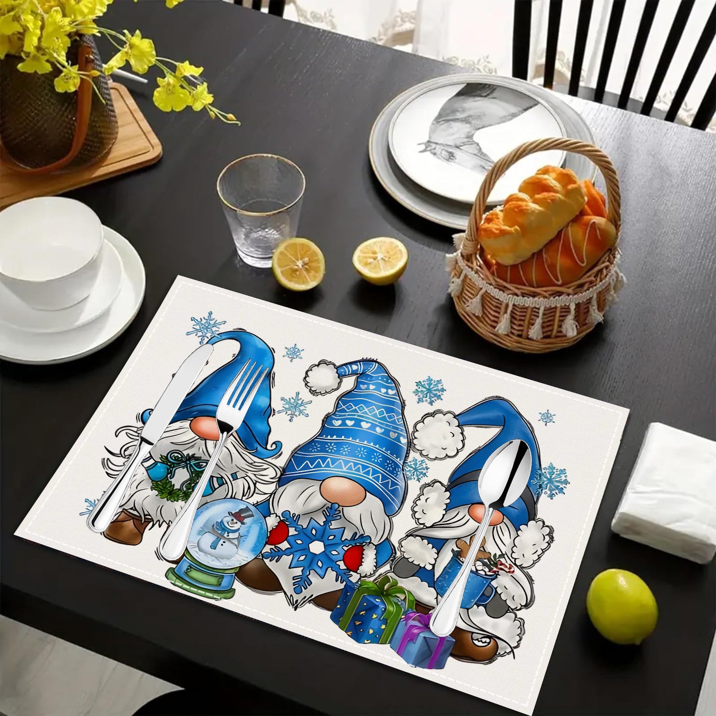 Christmas gnome printed placemat blue series linen dining table insulation mat holiday party decoration table mat