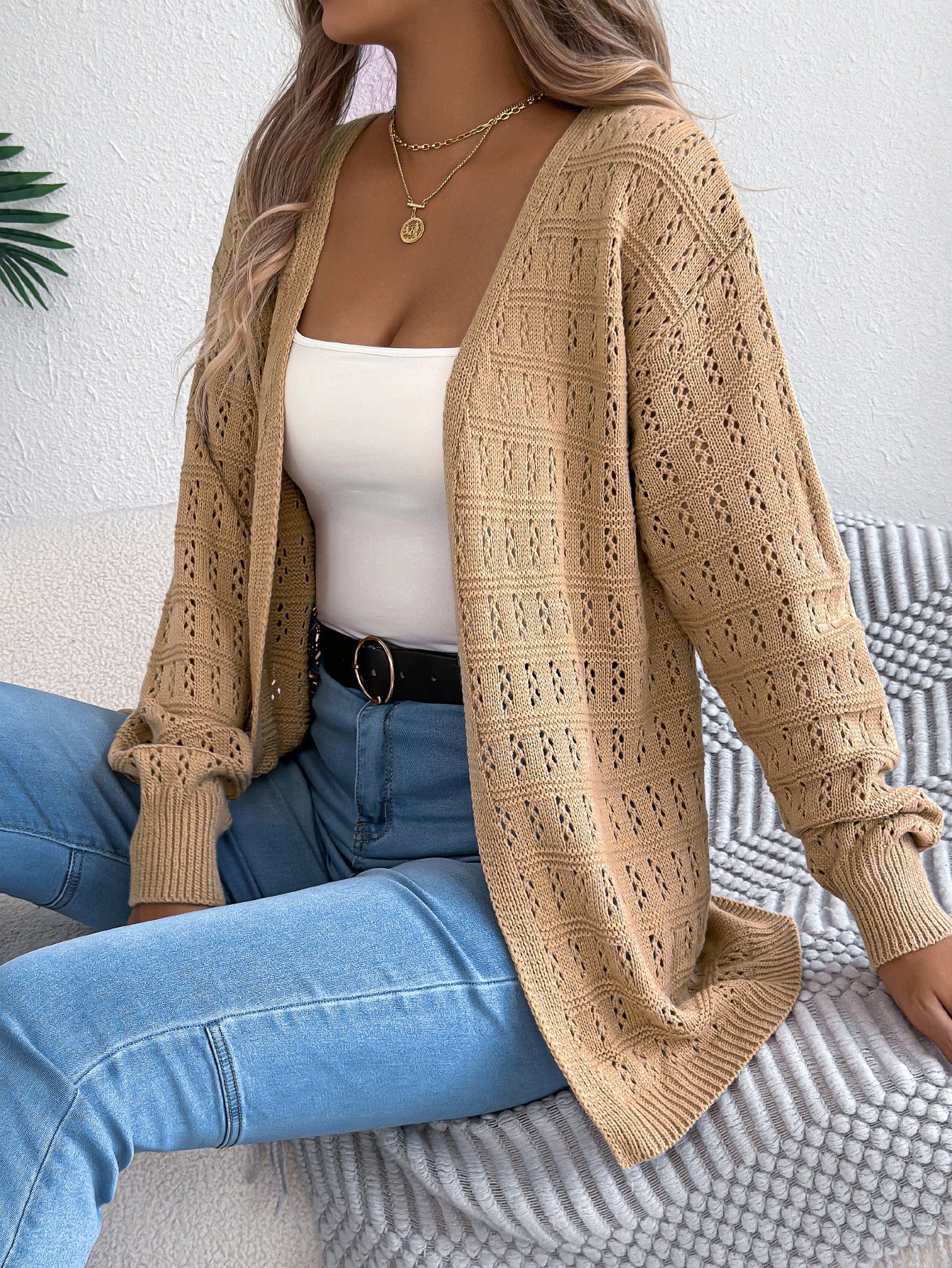 Hollow lantern long sleeved cardigan sweater mid length jacket