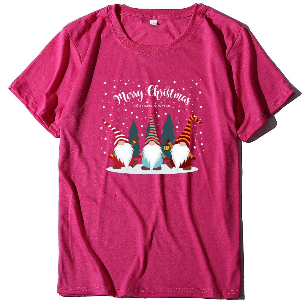 Printed short sleeved Christmas snowman Santa Claus printed loose T-shirt for women