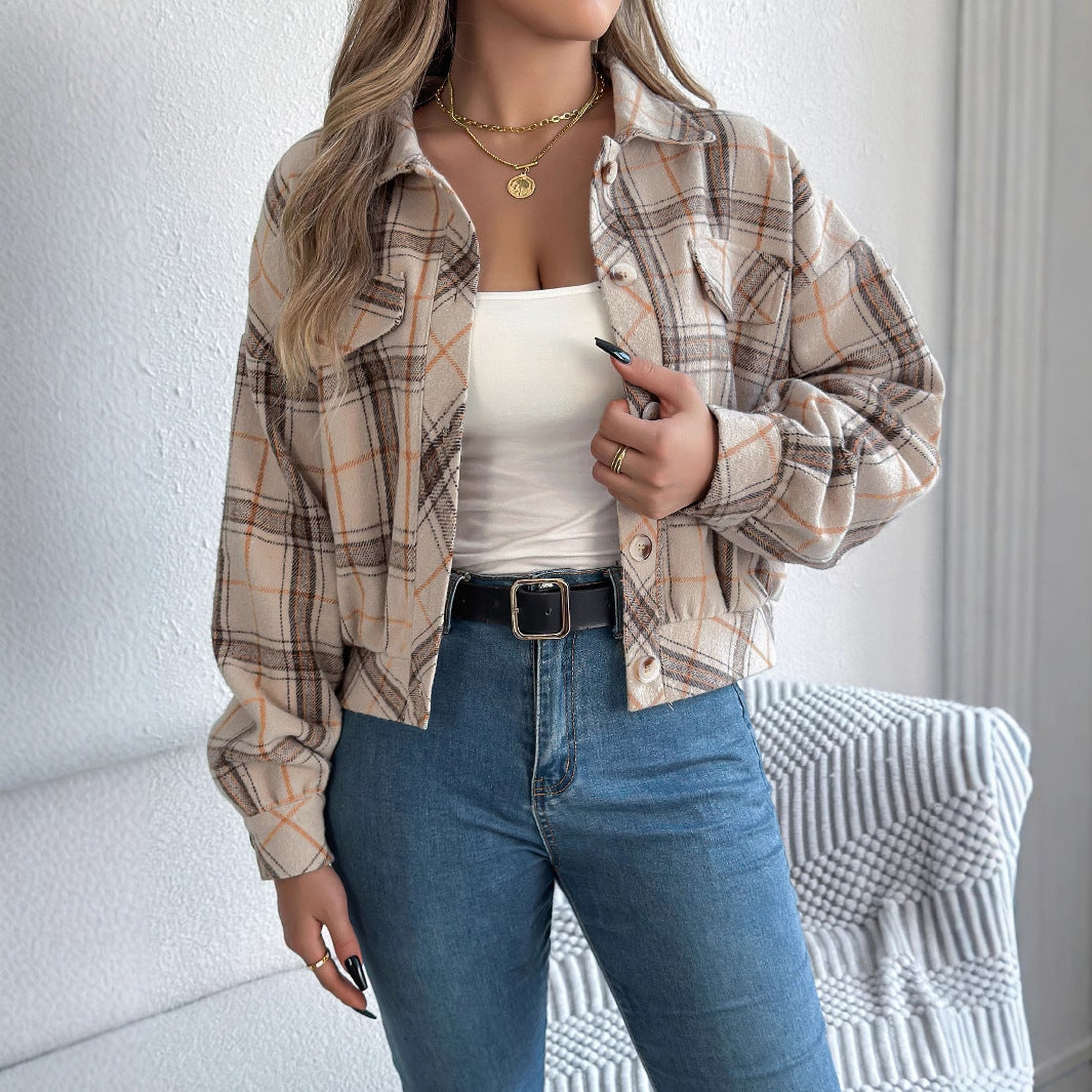 Checkered fake pocket long sleeved woolen jacket