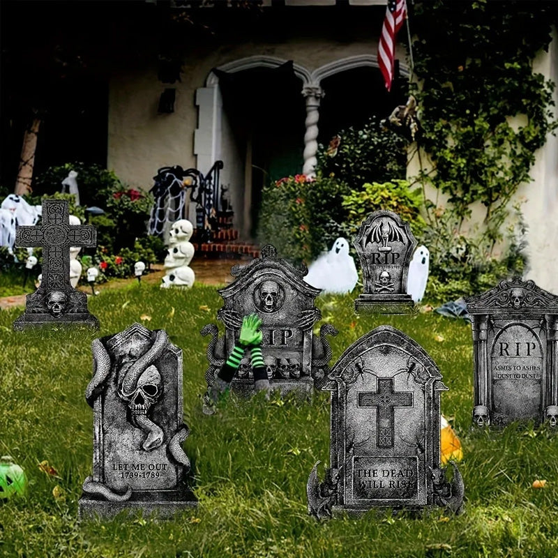 Halloween Outdoor Decor: Cemetery Tombstones, Yard Signs with Stakes, Realistic Scary Skulls