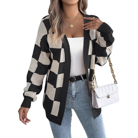 Color blocking checkered lantern sleeve cardigan sweater mid length jacket