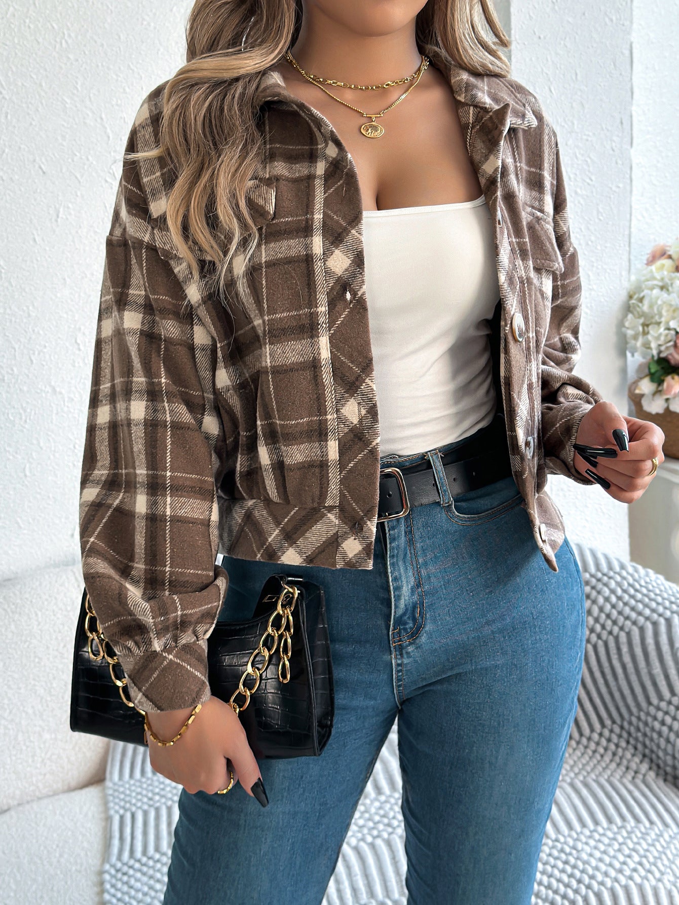 Checkered fake pocket long sleeved woolen jacket