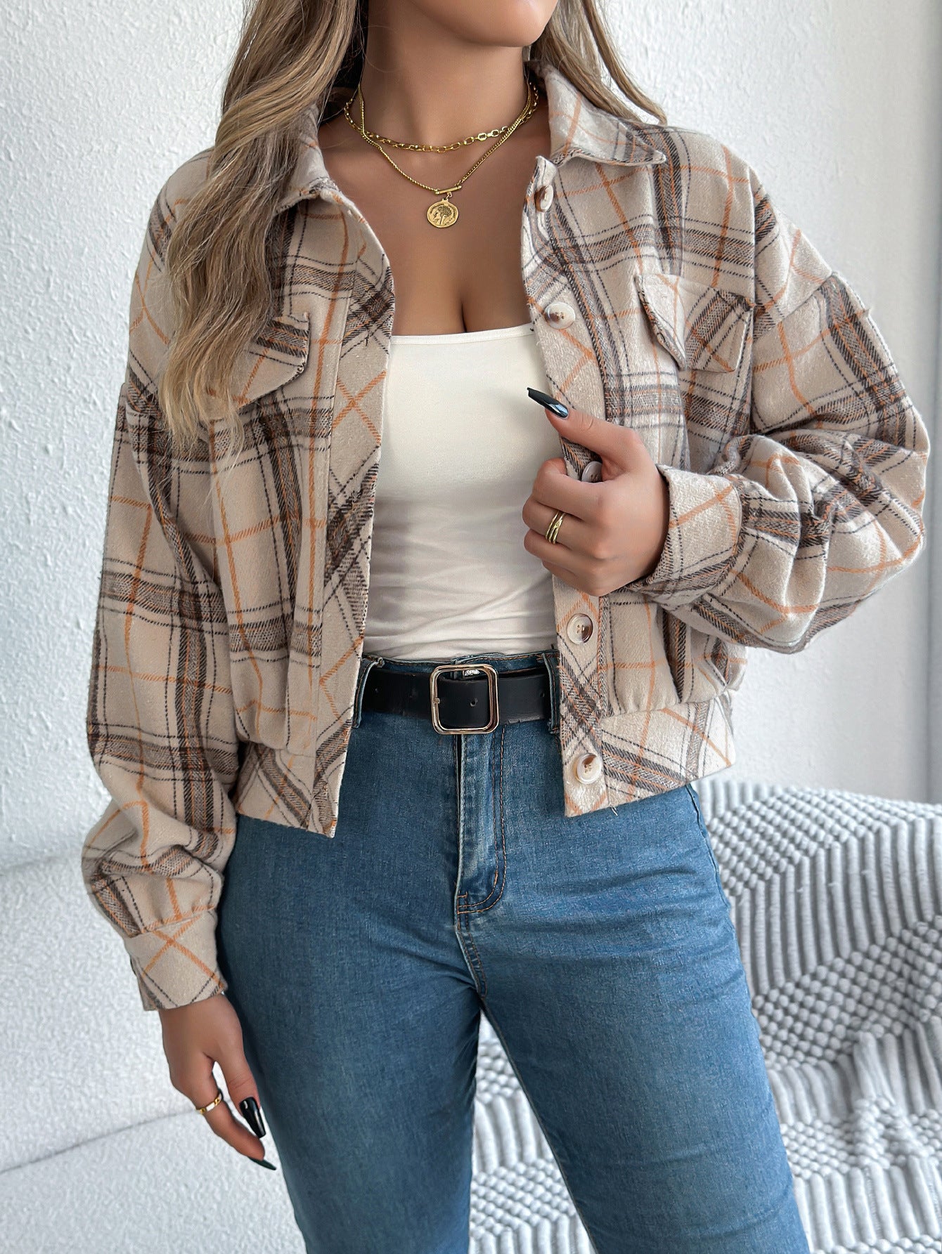 Checkered fake pocket long sleeved woolen jacket