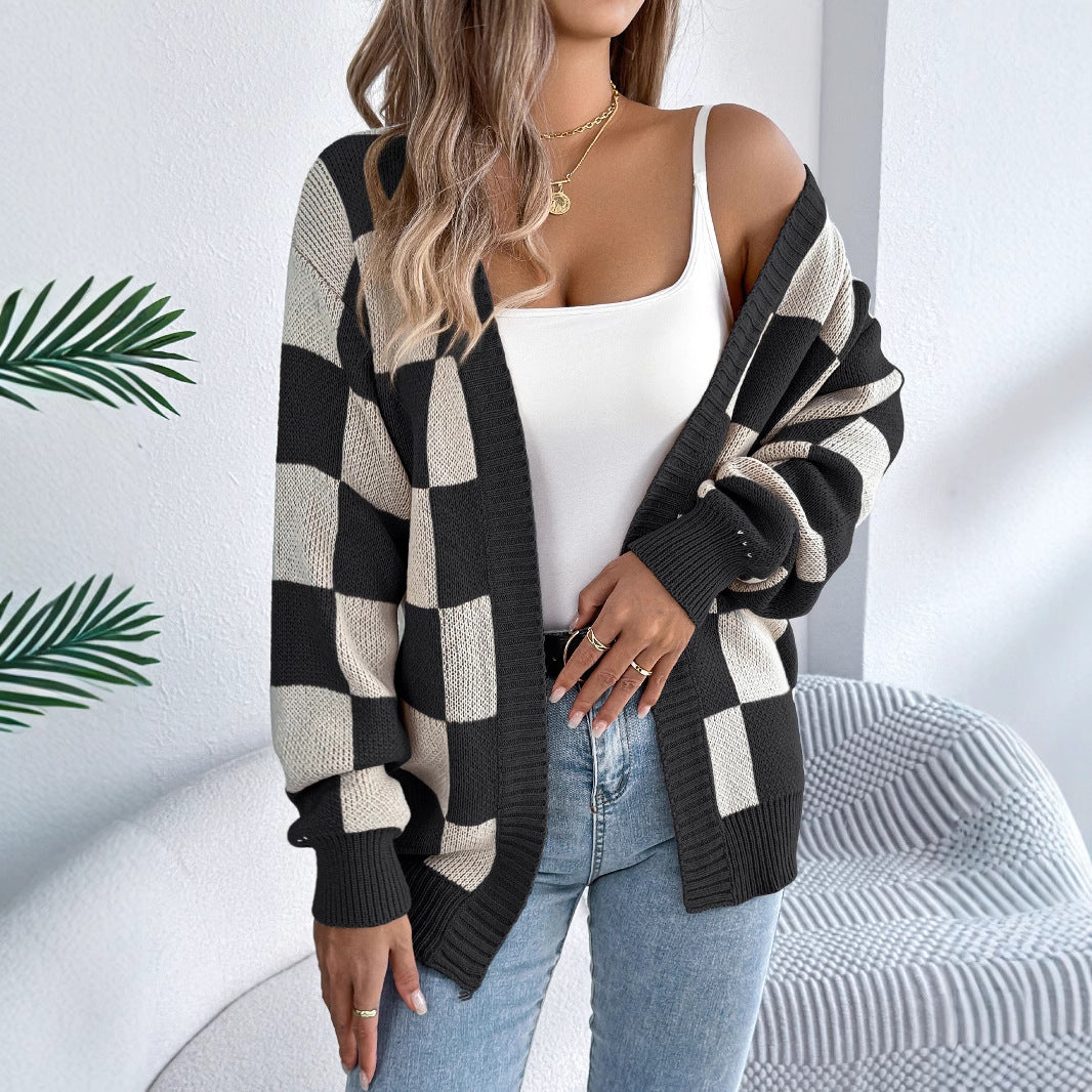Color blocking checkered lantern sleeve cardigan sweater mid length jacket