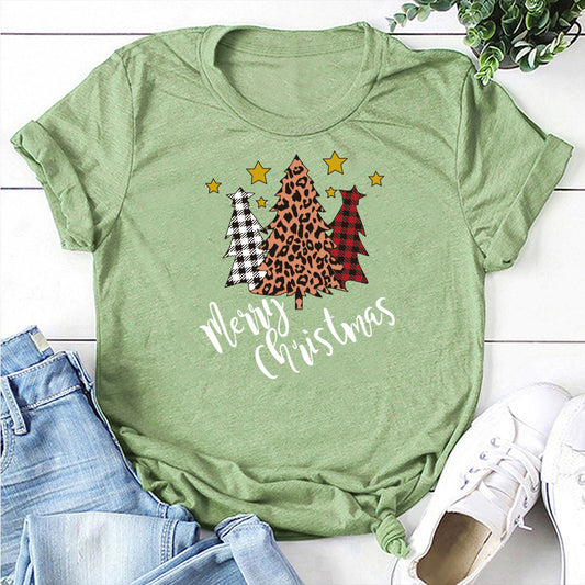 Merry Christmas Christmas Tree Happy Christmas Five Star Short sleeved Women's T-shirt