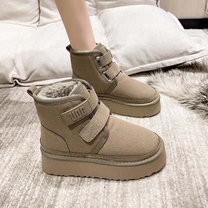 Thick soled fur integrated snow boots for women with thick velvet and warm Velcro cotton shoes for women