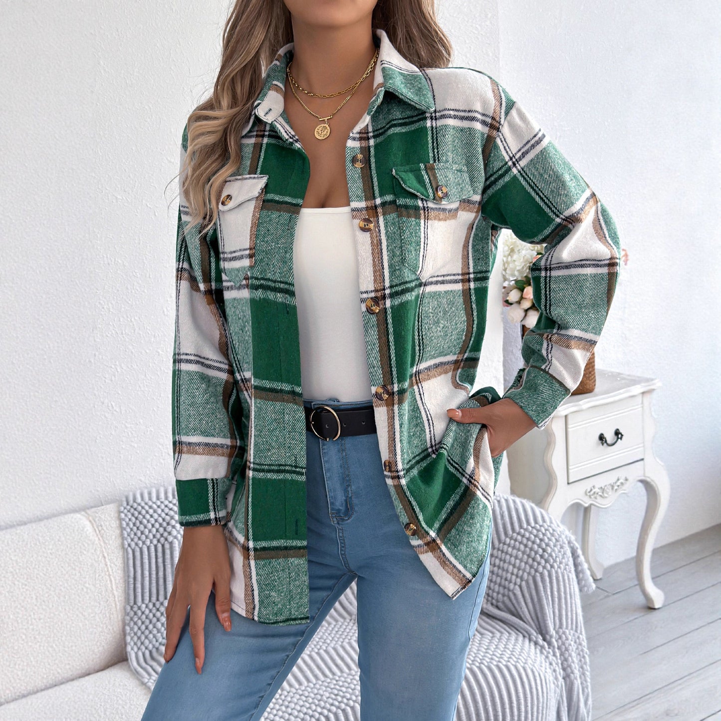 Casual plaid fake pocket long sleeved woolen mid length jacket