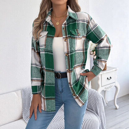 Casual plaid fake pocket long sleeved woolen mid length jacket