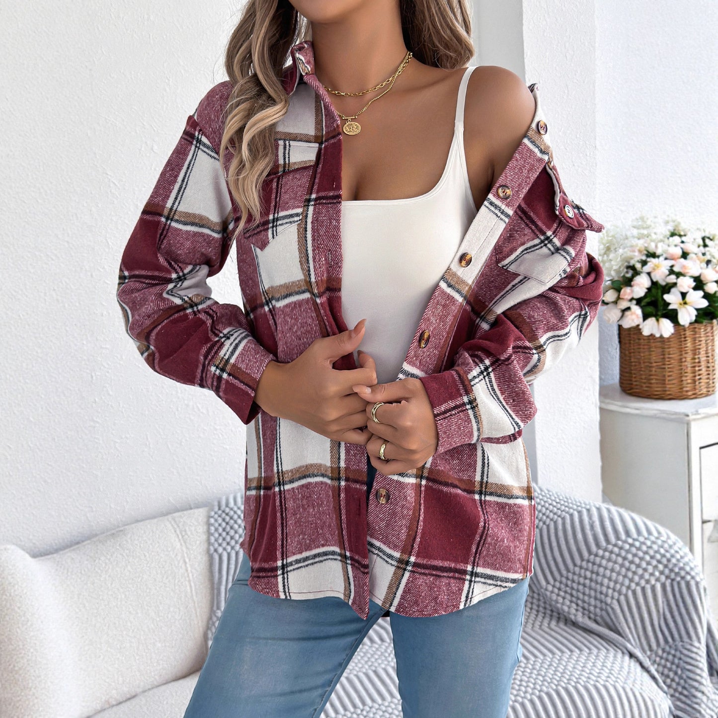 Casual plaid fake pocket long sleeved woolen mid length jacket