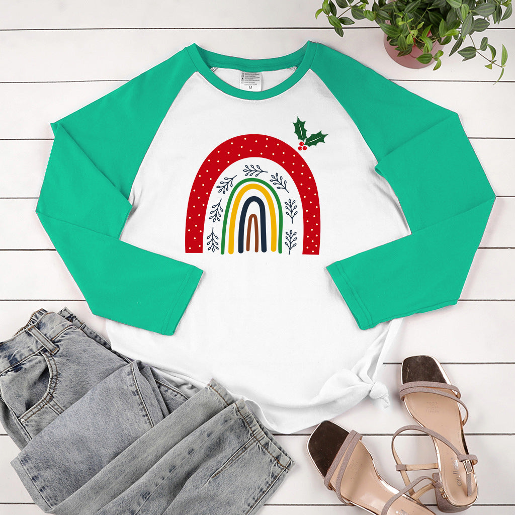 Cartoon rainbow print shoulder length long sleeved multi-color top