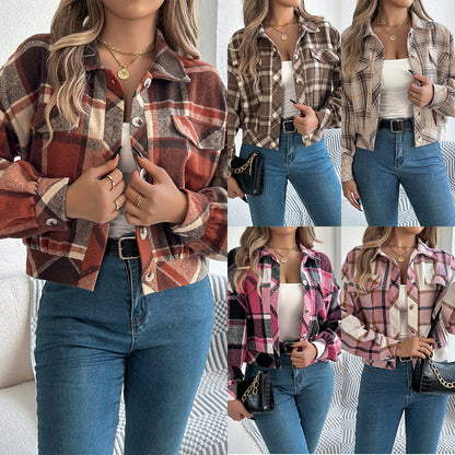 Checkered fake pocket long sleeved woolen jacket
